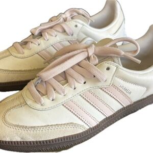 adidas Samba Sneakers in Cream & Light Pink with Brown Sole